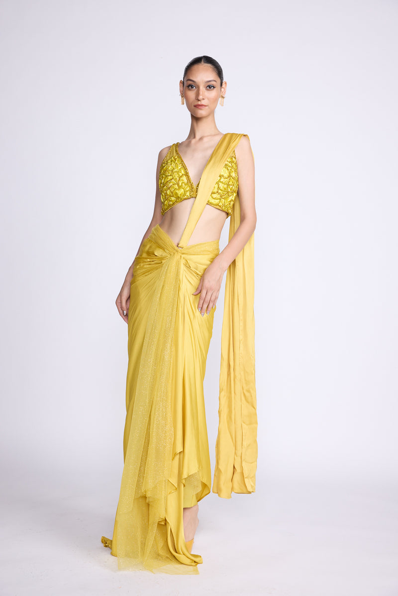 Yellow Pre Drape Saree